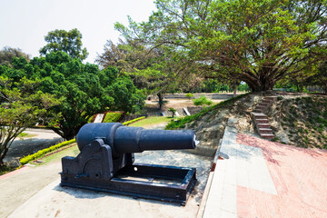 View of the cannon at Eternal Golden Castle in Tainan, Taiwan. The castle was built in 1874 and completed in 1876.