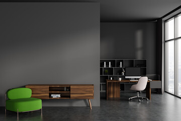 Grey office room interior with relax and work zone, window. Mockup wall