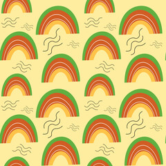 Cute rainbow seamless pattern in doodle scandinavian style. Pastel forest color illustration.