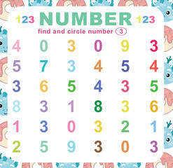 Fototapeta na wymiar Search and circle the number on the worksheet. Exercise for children to recognize numbers. Educational sheet for preschool. Vector file.