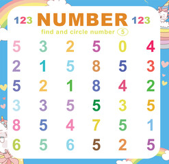 Search and circle the number on the worksheet. Exercise for children to recognize numbers. Educational sheet for preschool. Vector file.