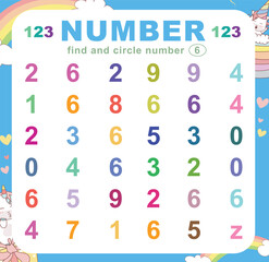 Search and circle the number on the worksheet. Exercise for children to recognize numbers. Educational sheet for preschool. Vector file.