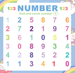 Fototapeta na wymiar Search and circle the number on the worksheet. Exercise for children to recognize numbers. Educational sheet for preschool. Vector file.