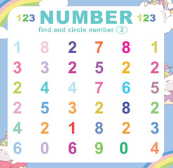 Search and circle the number on the worksheet. Exercise for children to recognize numbers. Educational sheet for preschool. Vector file.