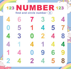 Search and circle the number on the worksheet. Exercise for children to recognize numbers. Educational sheet for preschool. Vector file.