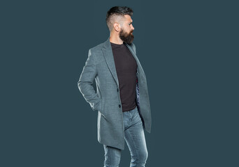 bearded mature man wear casual on grey background. menswear