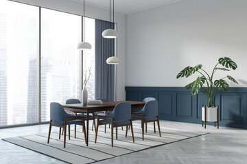 Modern dining room interior with eating table and seats, window. Mockup