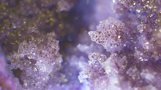 4k macro shot natural cluster of quartz, beautiful amethyst gemstone