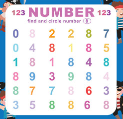 Search and circle the number on the worksheet. Exercise for children to recognize numbers. Educational sheet for preschool. Vector file.