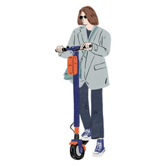 Fototapeta na wymiar Woman ride on Scooter People Casual lifestyle Hand drawn colour illustration
