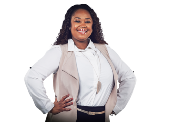 A voluptuous young afro american female business person or a CEO posing with a smile, pride. A woman with empowerment in African corporate industry isolated on a png background.