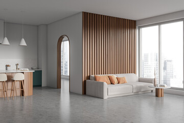 Corner view on bright studio room interior with island, sofa