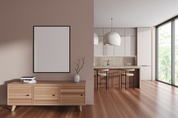 Stylish kitchen interior with drawer and cooking zone near window. Mockup frame