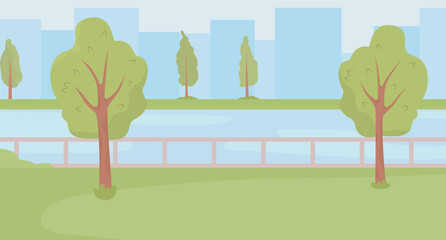 Urban green space with trees and river flat color vector illustration. Walking near water. National park with waterfront. Fully editable 2D simple cartoon landscape with skyscrapers on background