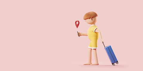 Cartoon man with suitcase and phone in hand, traveling and navigation. Copy space