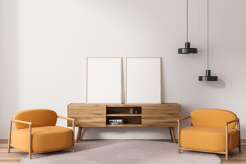 Bright living room interior with two empty white poster