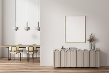 Bright dining room interior with empty white poster
