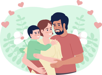 Happy young family flat concept vector spot illustration. Editable 2D cartoon characters on white for web design. Parents with toddler hugging creative idea for website, mobile, magazine