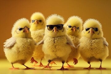 cheerful chick in black sunglasses on a yellow background. Generative AI - obrazy, fototapety, plakaty