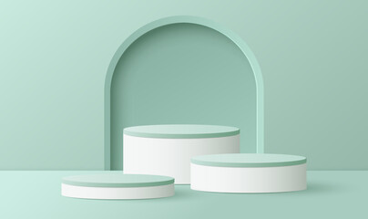 Realistic green and white, 3D cylinder stand podium. Vector luxury geometric forms. Abstract minimal scene for Product presentation, mock up, show cosmetic.