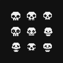 Human skull pixel art icons set, isolated on white background vector illustration. 8-bit sprite.Design stickers, logo, mobile app, embroidery.