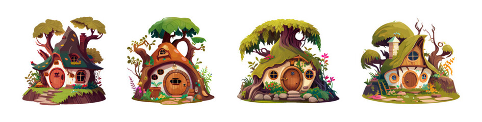 Hobbit house set. Vector illustration of a hobbit house in the forest on a white background. Cartoon set of hobbit house icons. Ideal for print, game interface, book, sticker or poster. Vector