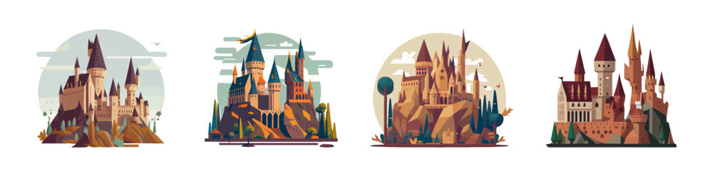 Fairytale medieval castles set. Cartoon kingdom, magic castles, isolated on white background. Design for print, game interface, apps, books, stickers, merchandise, t-shirts. Vector illustration