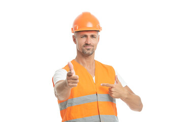 man engineer pointing finger isolated on white. man engineer in white studio.