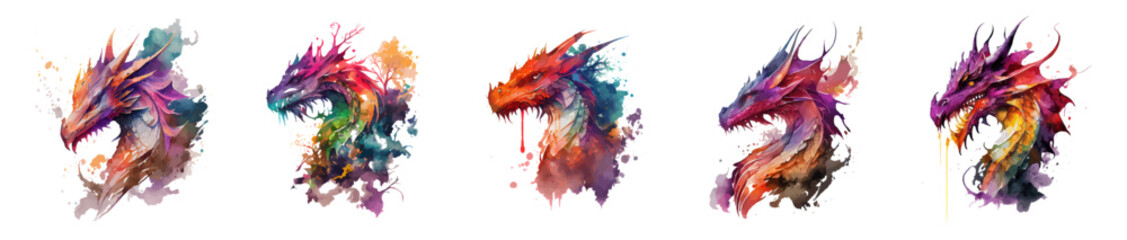 Watercolor fairytale dragon on a white background. A mythological creature with pointed spikes on its head and neck. Watercolor set of dragons. Ideal for postcard, book, poster, banner. Vector  © marikova