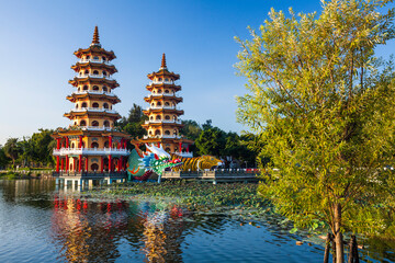Architecture view of the Dragon and Tiger Pagodas in Lotus Pond(Lianchihtan) of Kaohsiung, Taiwan. it is a temple located at Lotus Pond.