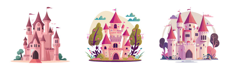 Fairytale pink princess castle set. Cartoon kingdom of little queen, magic castles, isolated on white background. Design for print, game interface, app, book, sticker, merch. Vector illustration © marikova