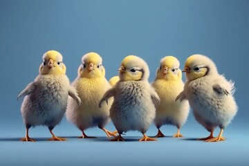 Fototapeta premium a group of yellow cute chickens have fun on a yellow background. Generative AI