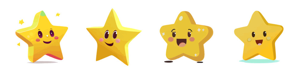Set of cute smiling stars. Vector set of yellow stars with eyes and a smile on a white background in cartoon style. Perfect for print, game ui, app, book, sticker, merch, t-shirt. Vector illustration