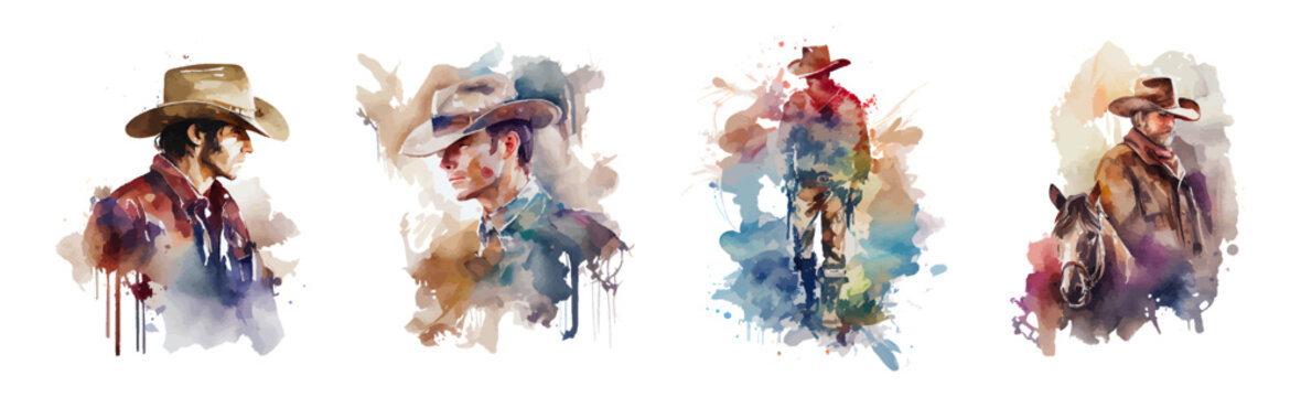 Cowboy with a horse on a white background. Cowboy with a hat and full length. Wild West. Watercolor set of westerner, cowboy. Ideal for postcard, book, poster, banner. Vector illustration