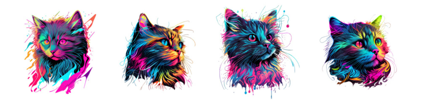 Watercolor cat on a white background. Beautiful cute cat. Watercolor set of colorful cats heads, kittens. Cyberpunk, futuristic. Ideal for postcard, book, poster, banner. Vector illustration