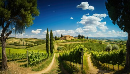 Tuscany landscape with vineyard, beautiful daylight, Generative Ai. - 573467124