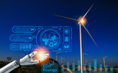 The robot holds the earth protection icon in its hand and artificial intelligence. It is very important for the future world, environmental protection concept, World Day, energy conservation