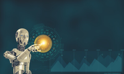 Obraz premium Robot finger touch screen displays virtual coin icon concept strategic planning stock market business growth progress And the concept of success.3D RENDERING 