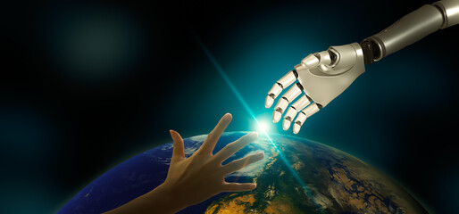 Robotic fingers are about to touch humanity and artificial intelligence. New technology in the future of the world, is artificial intelligence (AI) concept. Elements of this image furnished by NASA