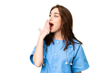 Young nurse woman over isolated chroma key background yawning and covering wide open mouth with hand