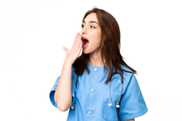 Young nurse woman over isolated chroma key background yawning and covering wide open mouth with hand