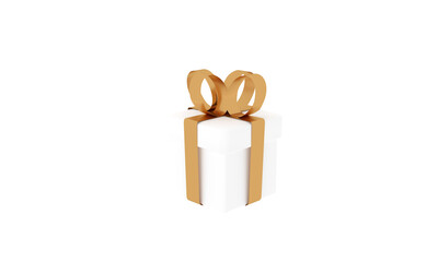 3D render image illustration of White gift box golden ribbon for celebration on special day. Happy Holiday decoration surprise card. Concept give packing Love idea. Wedding modern luxury of PNG