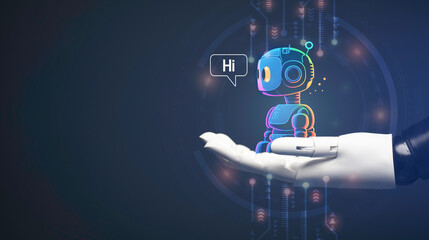 Chatbot Chat with AI Artificial Intelligence finger and robotic arm Point at the screen to enter AI smart commands. Artificial intelligence by entering commands to create something. future technology