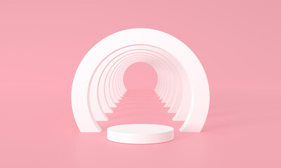 Modern minimal scene with geometrical circle. Cylinder podiums in soft pink background. Scene stand to show cosmetic product, Showcase, shopfront, display case. 3d rendering illustration.