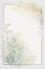 Watercolor painting of white roses border, elegant wedding invitation, minimalist, white copy space. Generative AI.