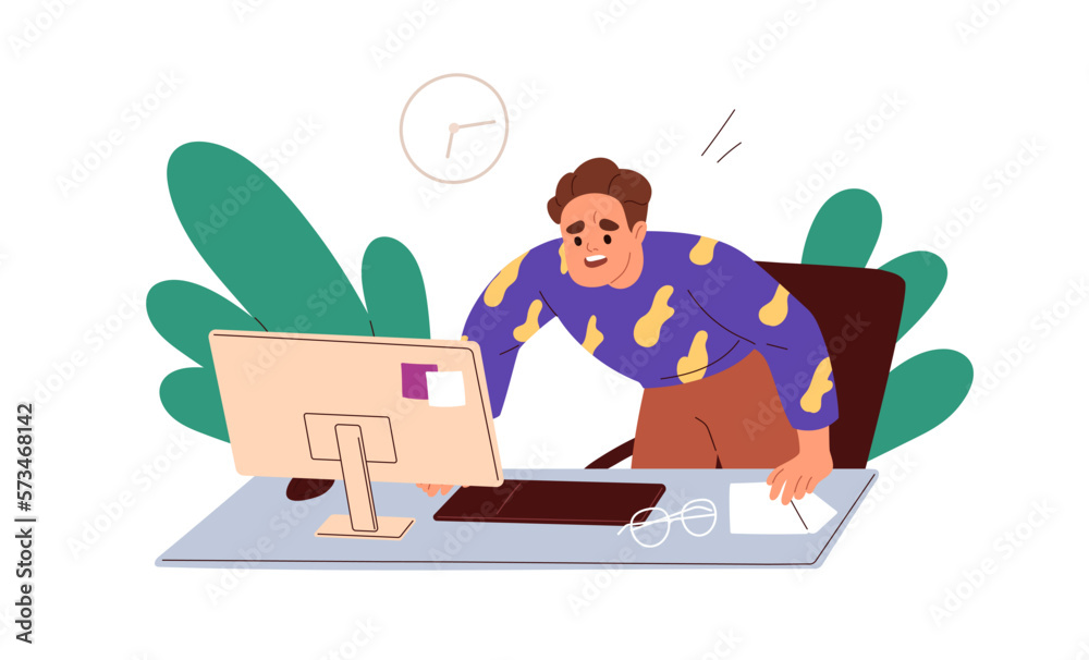 Poster upset stressed employee at computer, office desk. frustrated confused disappointed worker with busin