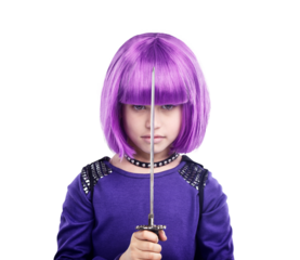 A cute little girl highly influenced by a samurai character and dressed up in a vigilante character isolated on a png background.