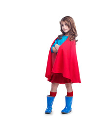 A cute girl contemplating and posing in a superhero costum or a creative cosplay, halloween and character design isolated on a png background © peopleimages.com