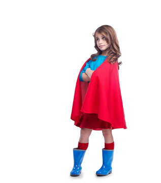 A cute girl contemplating and posing in a superhero costum or a creative cosplay, halloween and character design isolated on a png background