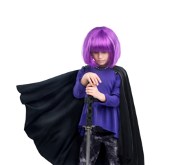 An emotional female child in a character costume with a cape standing with her hands resting on the sword in her favourite super hero character isolated on a png background.